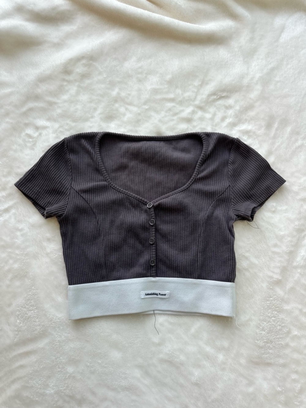 Two-Tone Ribbed Button Crop Top — Charcoal with Light Gray Band